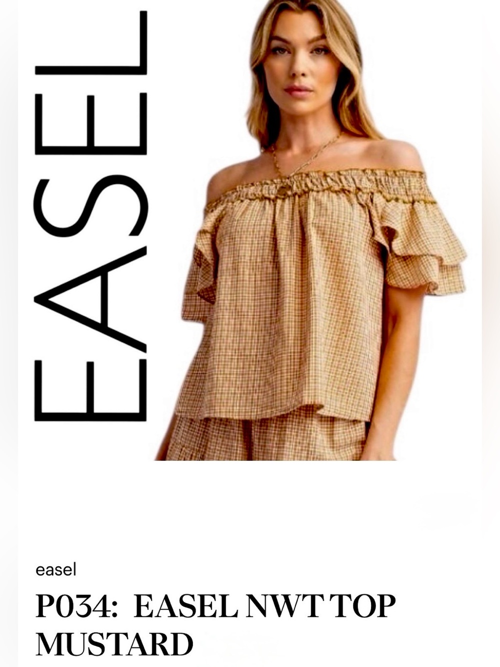 Easel NWT Mustard Checked Off-Shoulder Ruffle Top size Medium